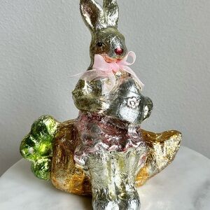 Vintage Ganz Faux Foil Wrapped Cho Silver & Gold Easter Bunny w Pink Bow Carrot